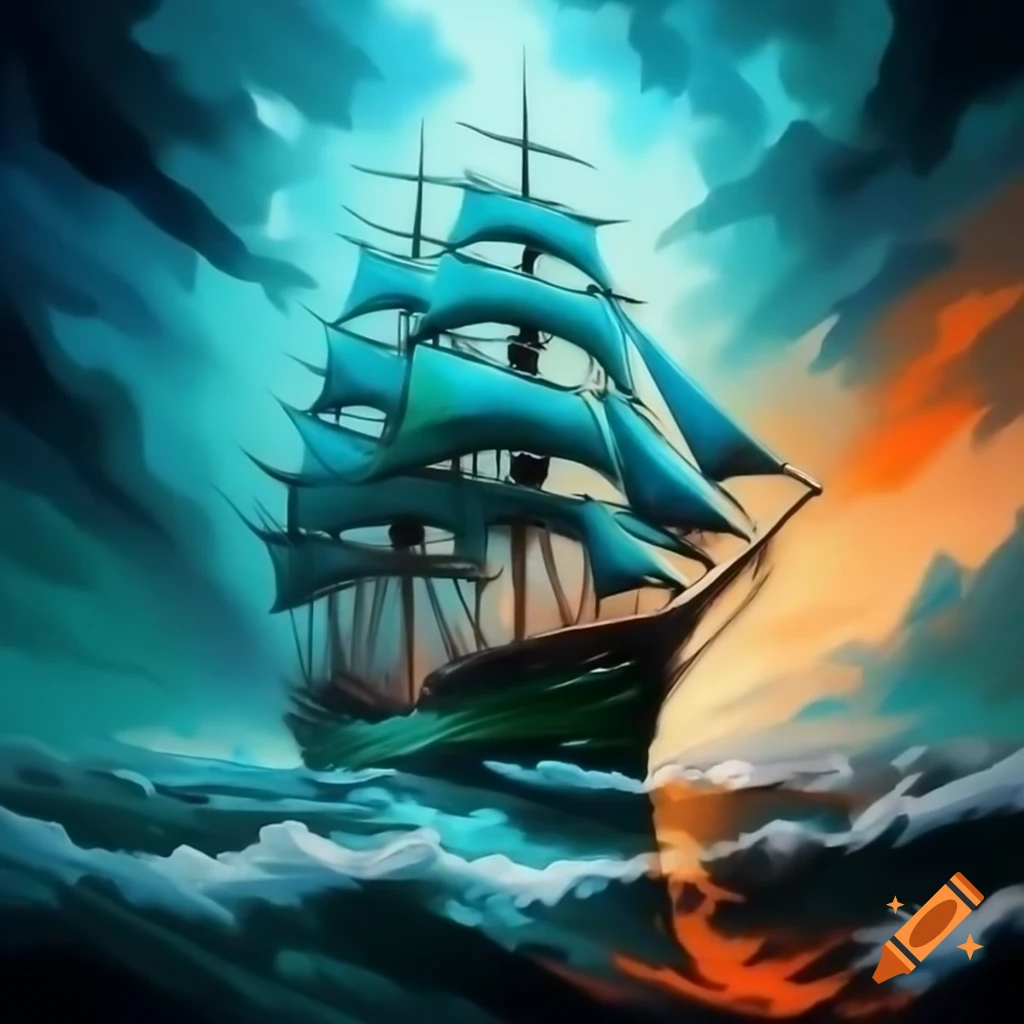Abstract acrylic painting of a sailing ship in a stormy ocean