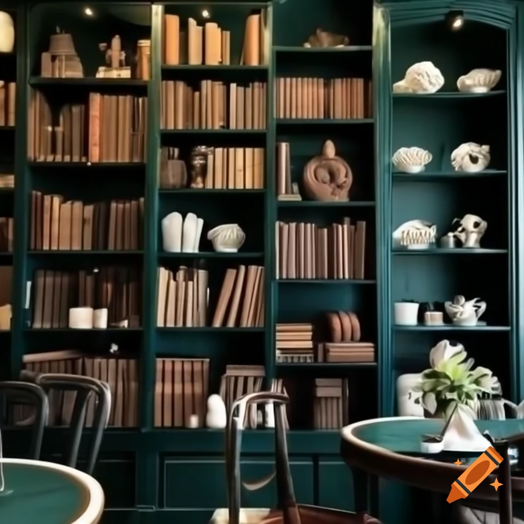 Cozy cafe interior with vintage books, dark wood furniture, and botanical decor