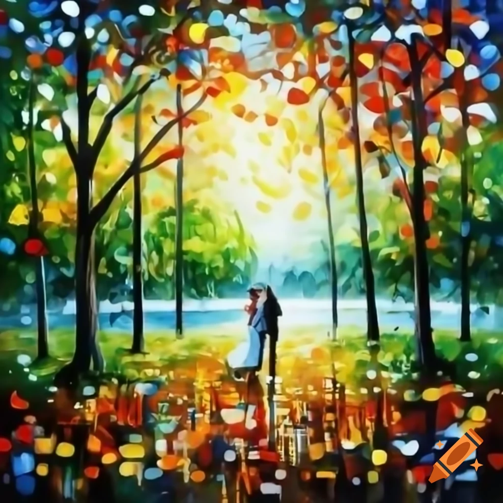 Couple in park by lake under September sky, painting
