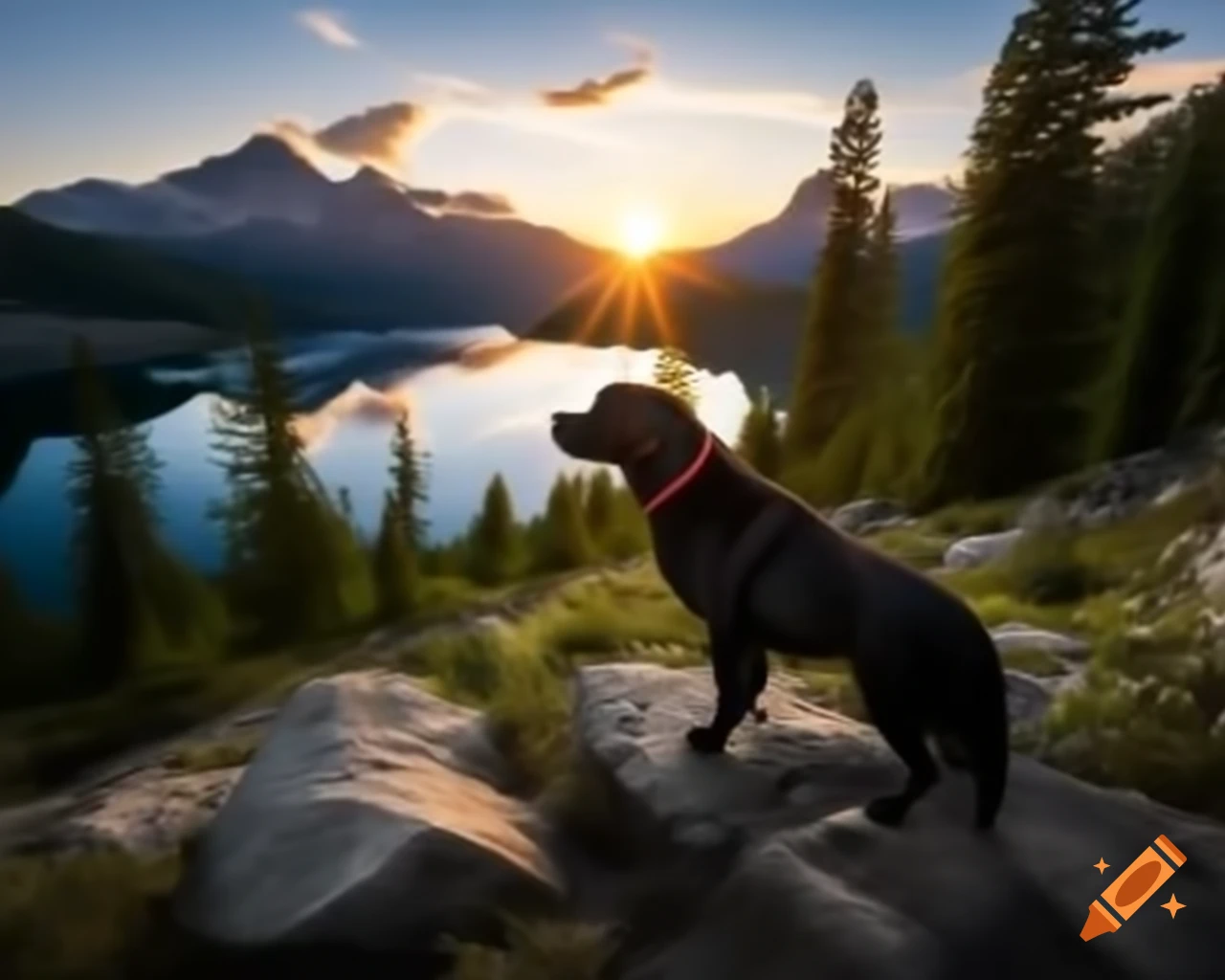 Black Labrador Retriever by lake in mountains with birds and trees, realistic nature photography
