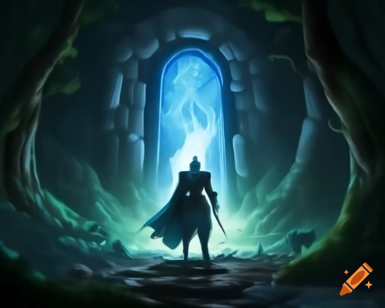 Metallic knight glowing blue at electric emerald portal entering green labyrinth in enchanted forest