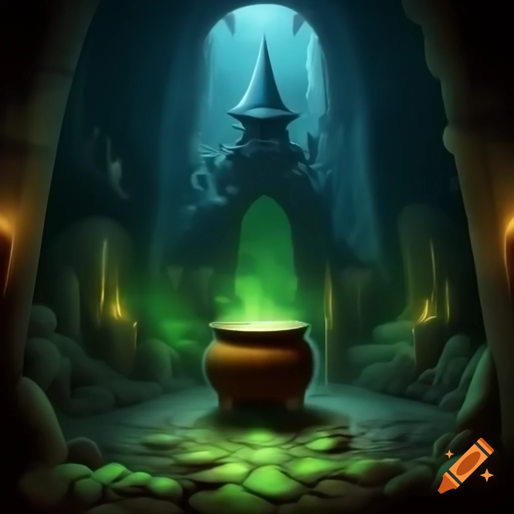 Coven of sorcerous cats around bubbling cauldron in ancient dungeon