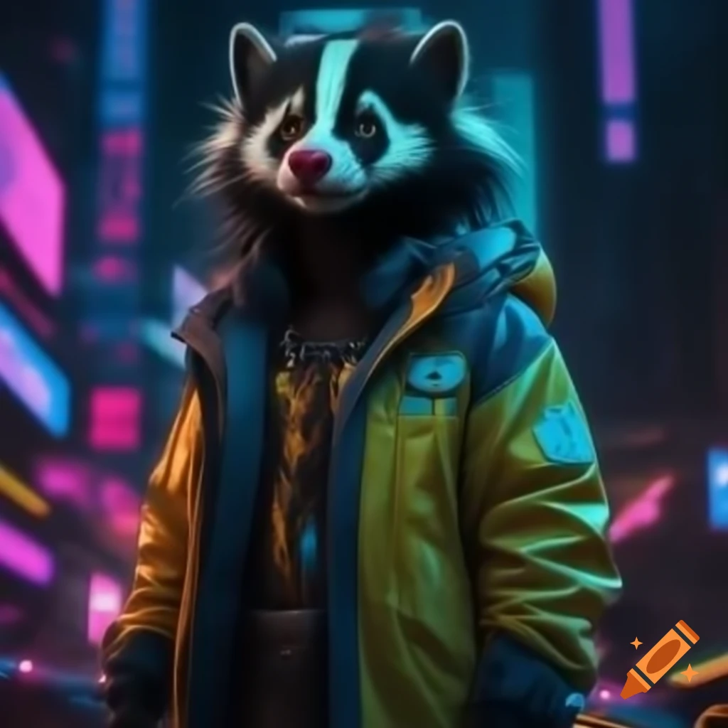 Skunk in futuristic jacket with LEDs in neon dystopian cityscape
