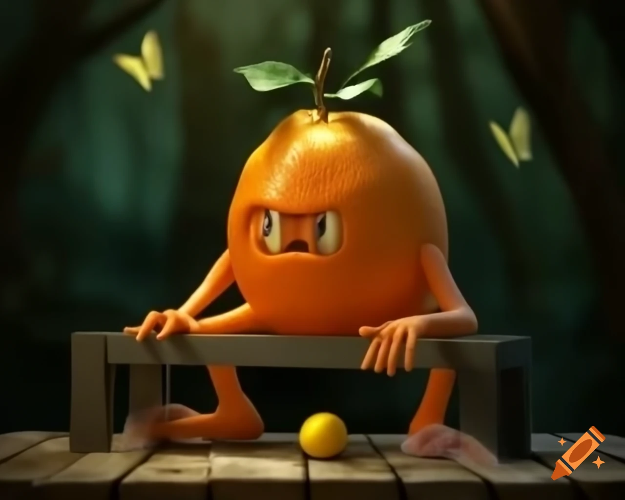 3D orange fruit tree monster with lemon face on wooden table in forest