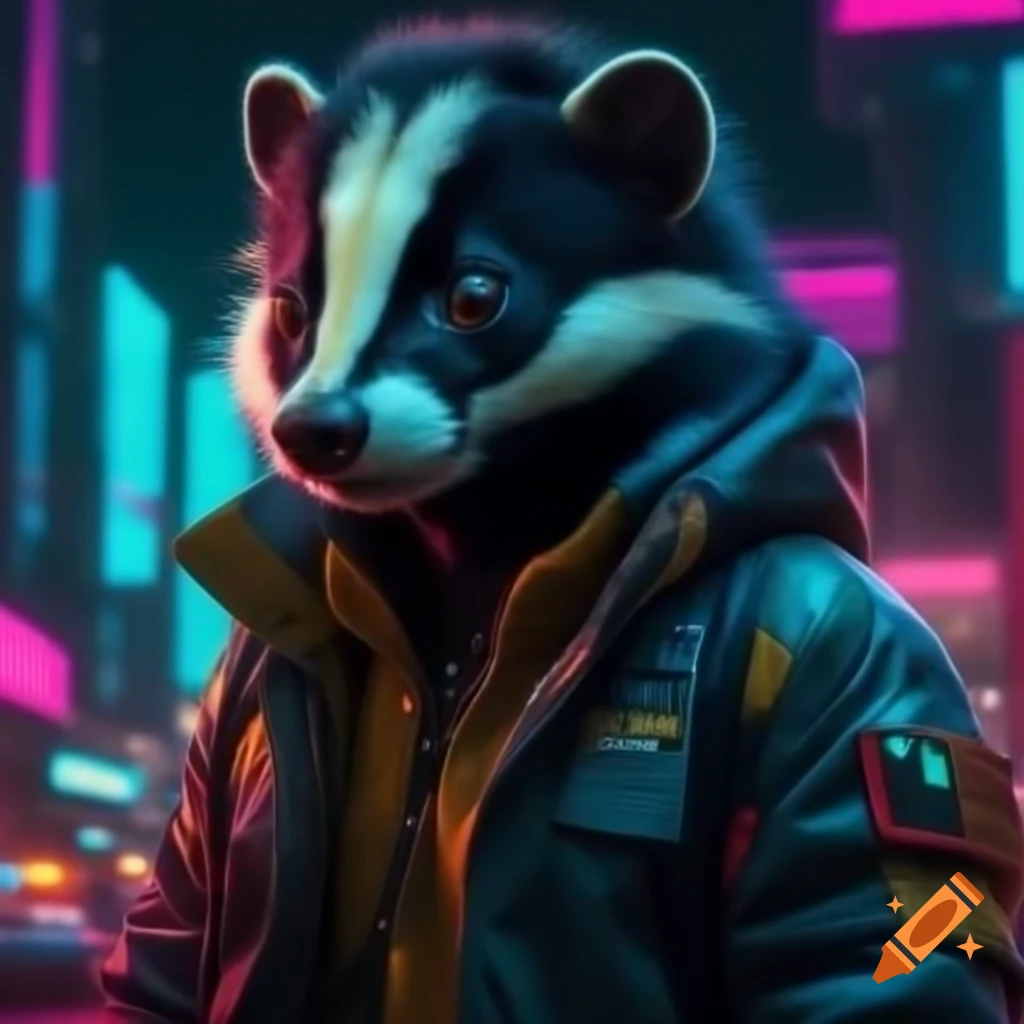 Skunk in futuristic jacket with LEDs in neon dystopian cityscape