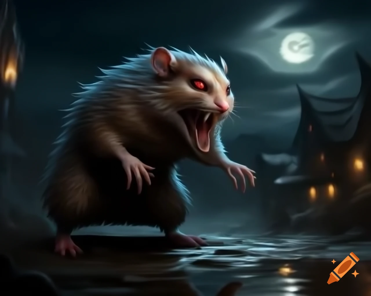 Monstrous hamster with sharp teeth looming over shadowed village in moonlight