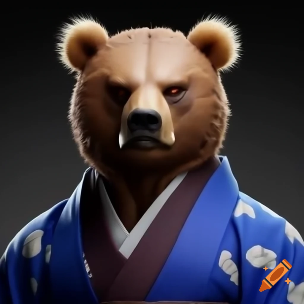 Man in bear furry head at convention with blue outfit
