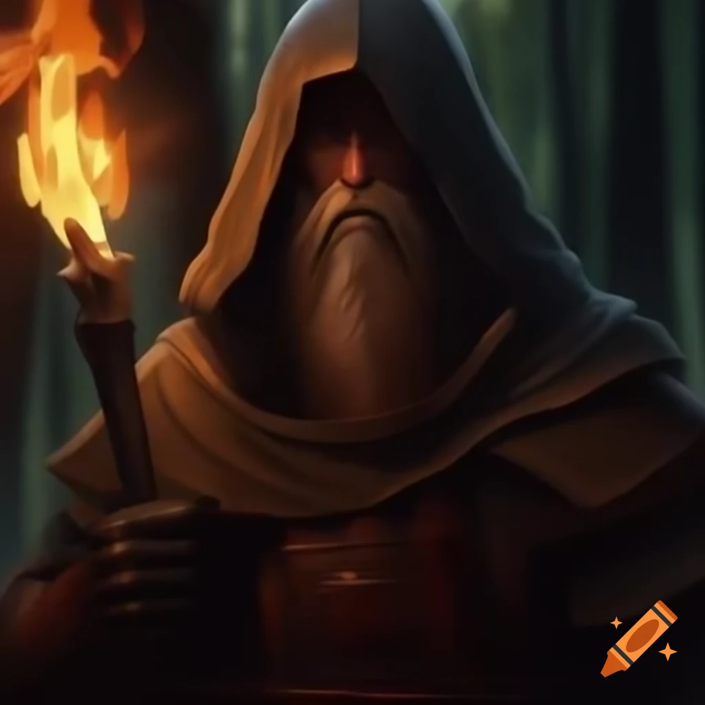 Close-up of medieval fire-eater with torch in the woods