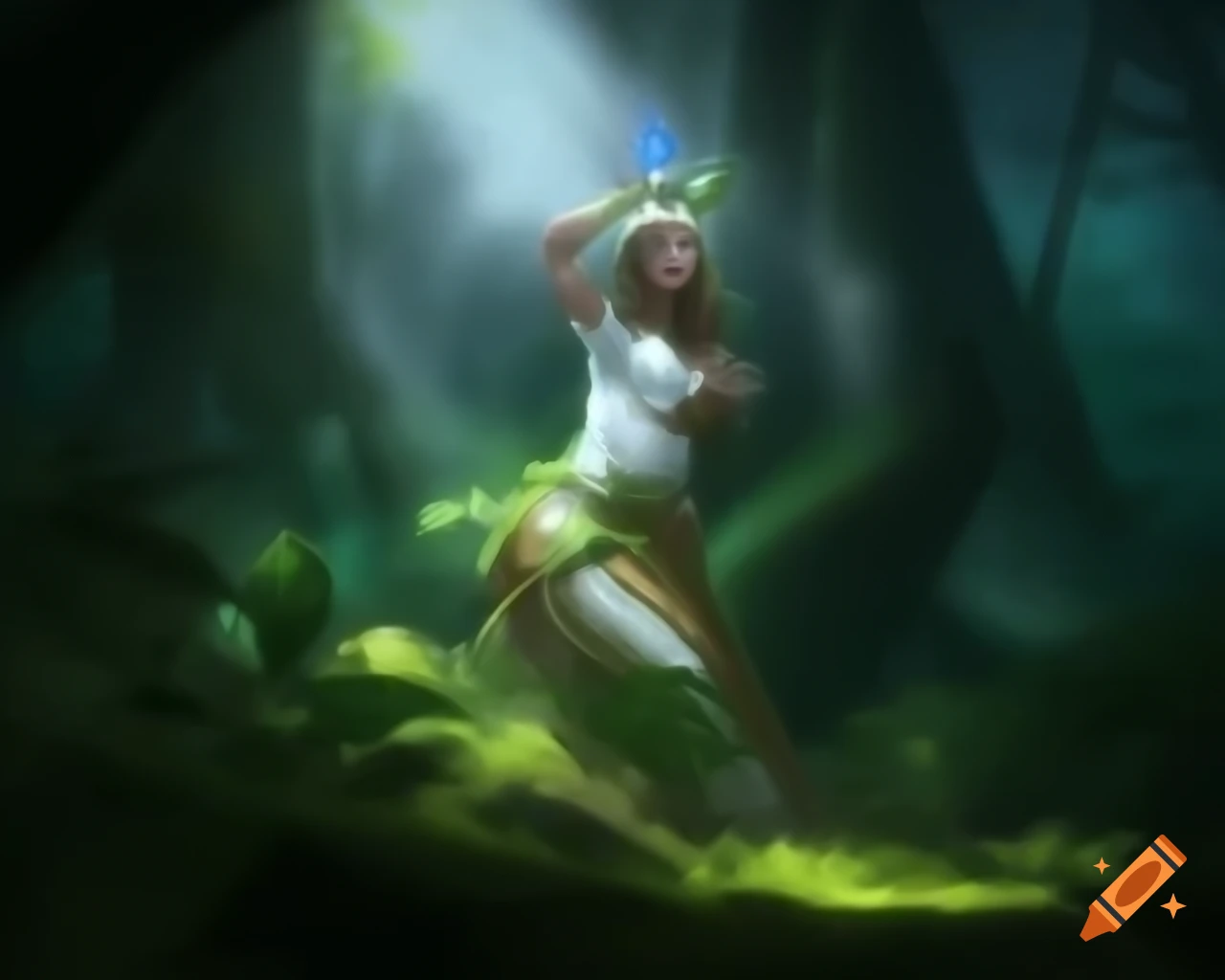Powerful goddess of the wild in lush forest from ancient legends