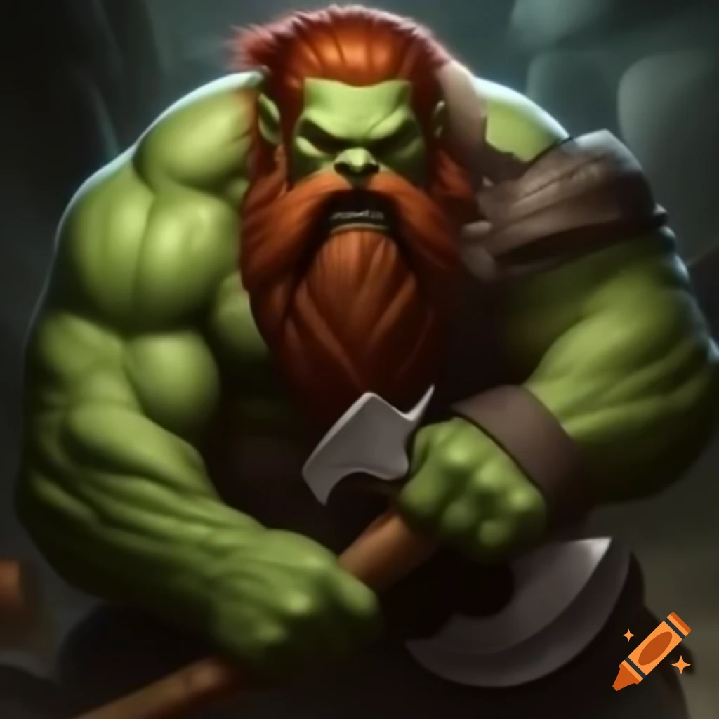 Muscular green male ogre with red hair and beard holding a double-bladed axe