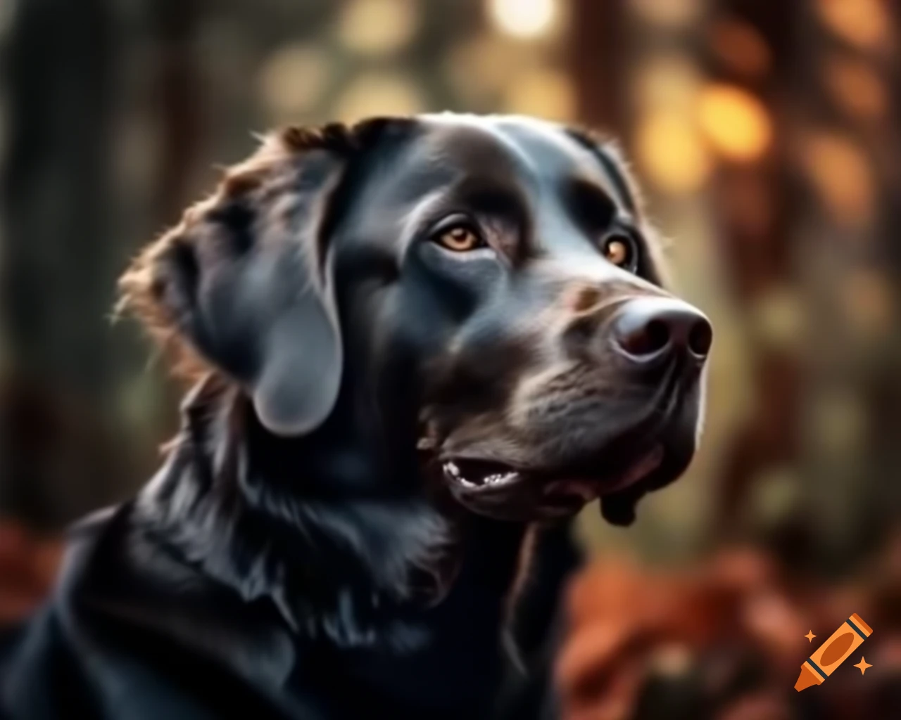 Hyperrealistic black Labrador Retriever in forest with dark brown eyes
