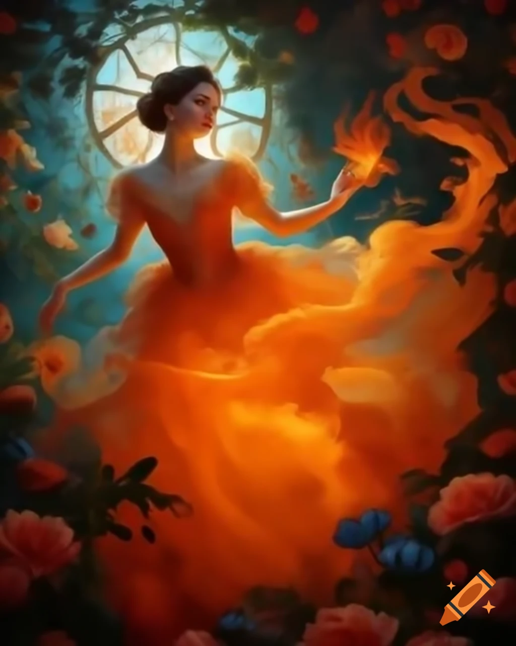 Woman in luminous orange dress dancing in floral solarpunk setting with ethereal spirits