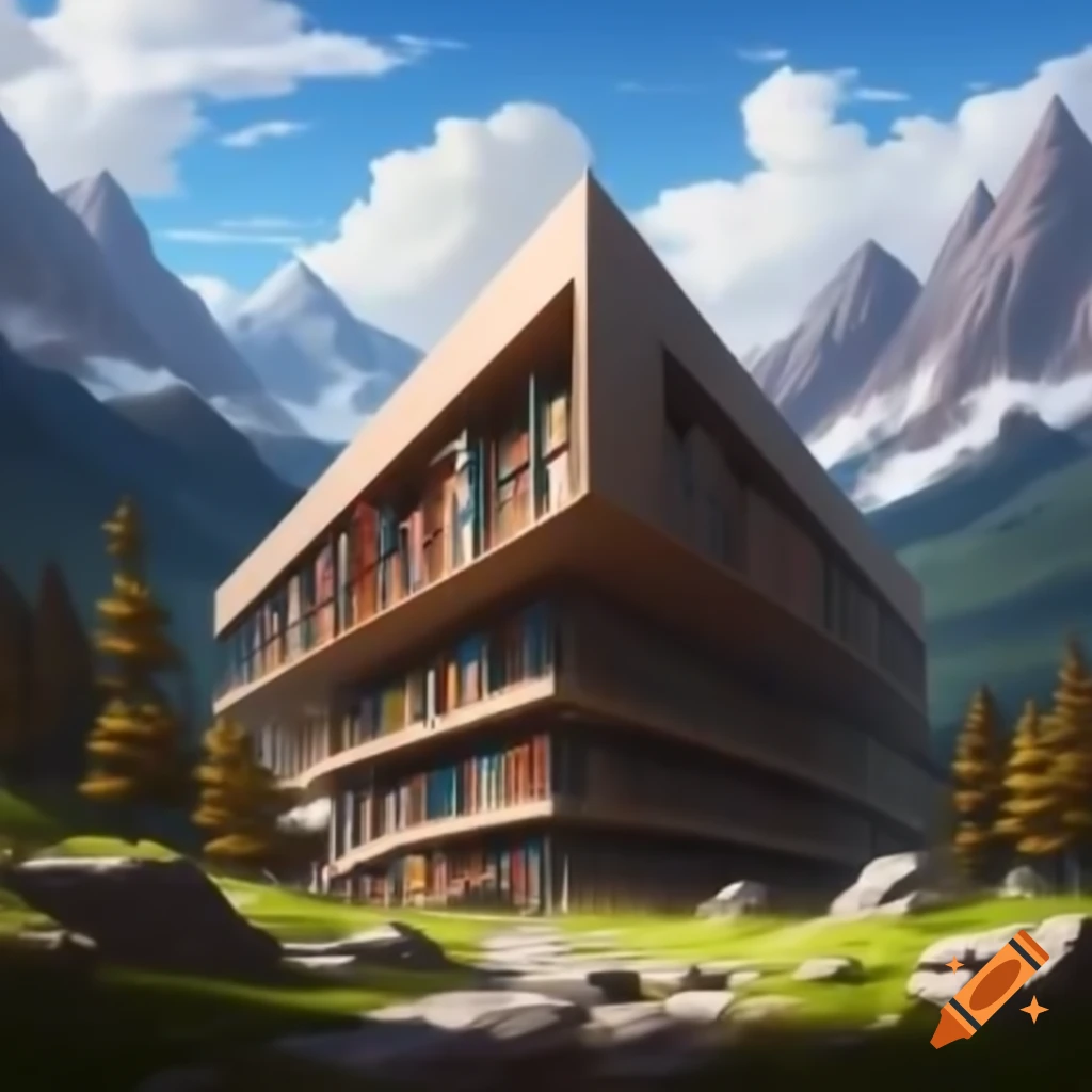 Realistic modern art of a claustrophobic library in mountains