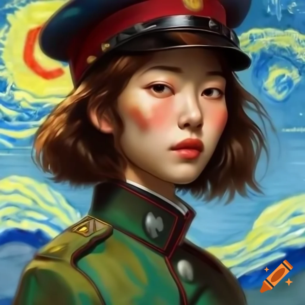 Korean woman in Japanese military uniform, animated style, watercolor and Rembrandt influences