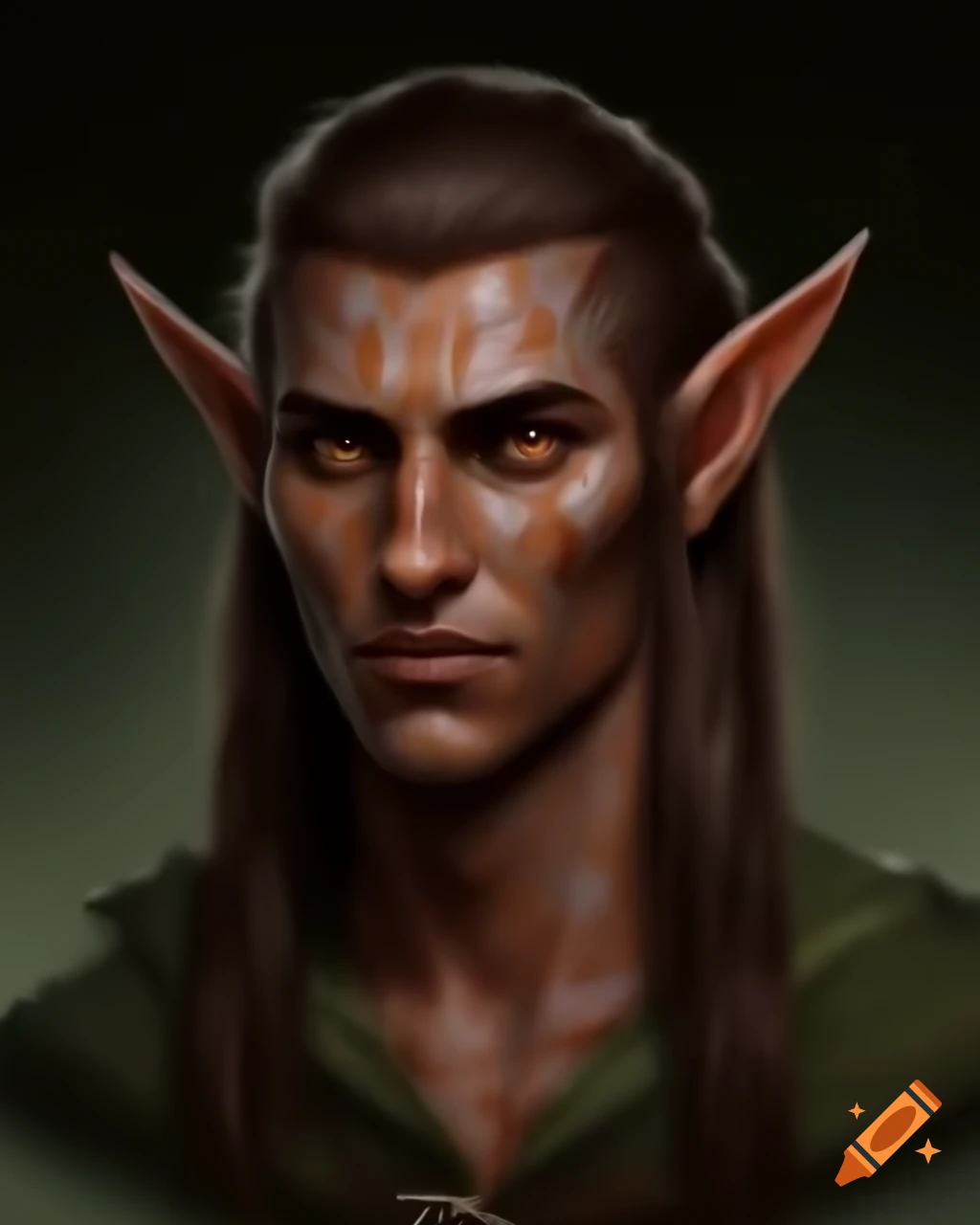 Male elf with dark wood patterned skin and auburn eyes in natural foraging clothes