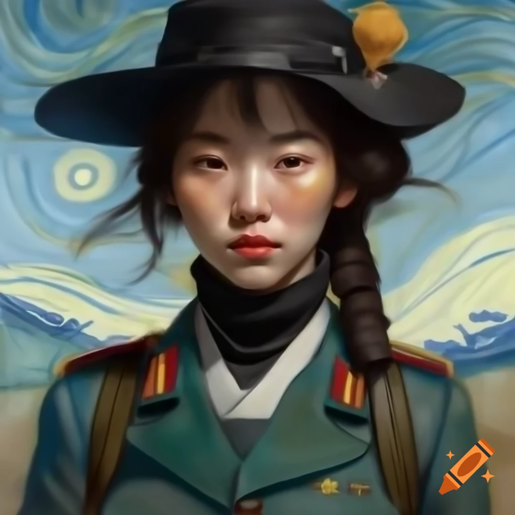 Korean woman in Japanese military uniform, animated style, watercolor and Rembrandt influences