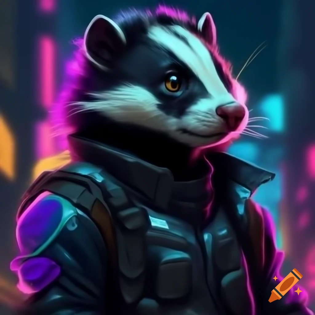 Spotted skunk in cyberpunk dystopia with military uniform in neon midnight city