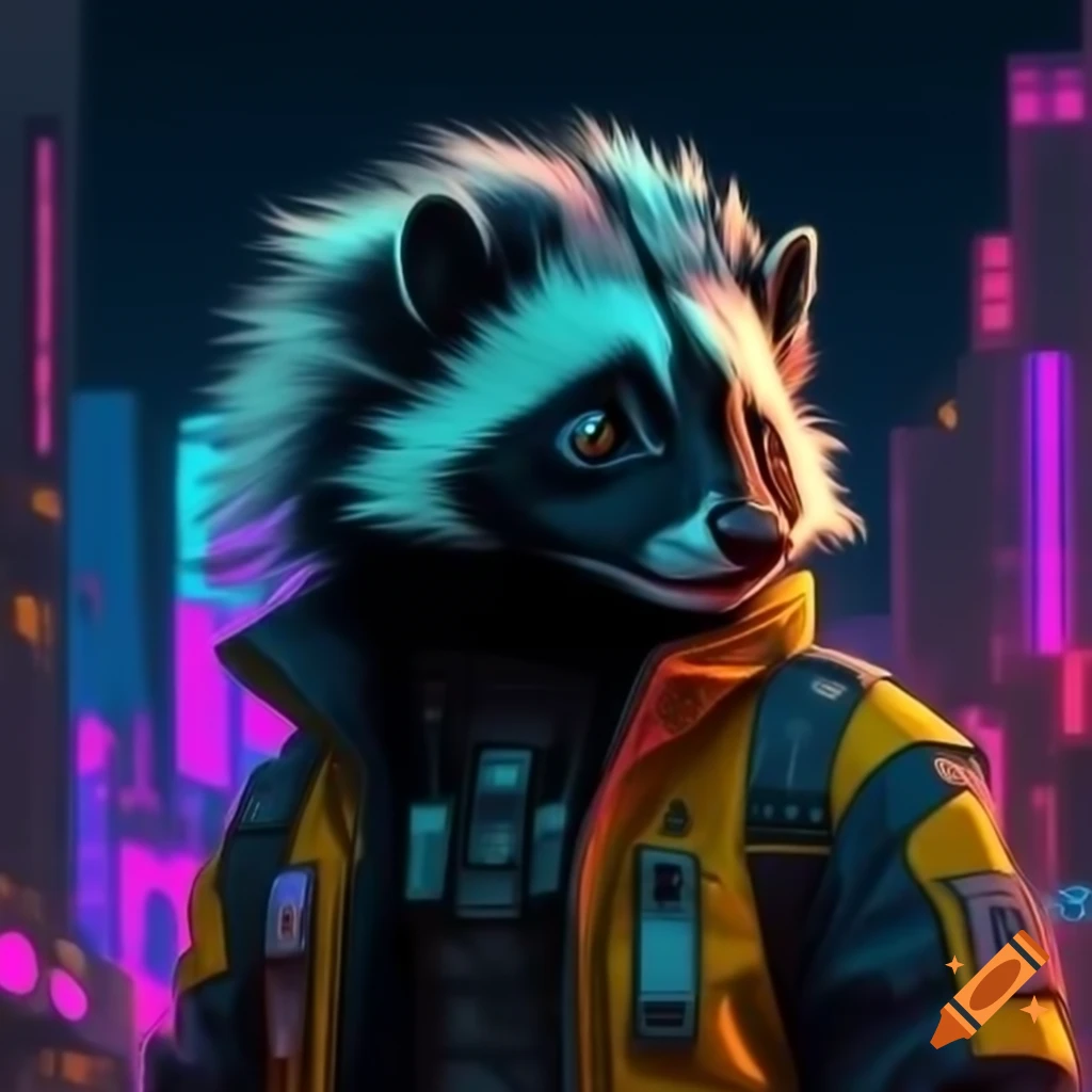 Realistic skunk in futuristic yellow jacket with LEDs in neon dystopian city