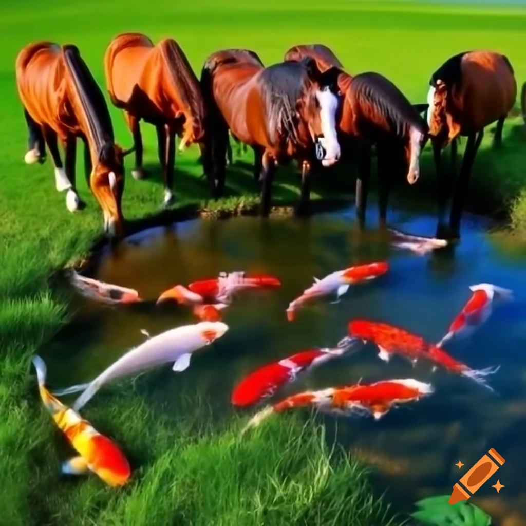 Countryside with horses grazing by stream and vibrant Koi carp swimming
