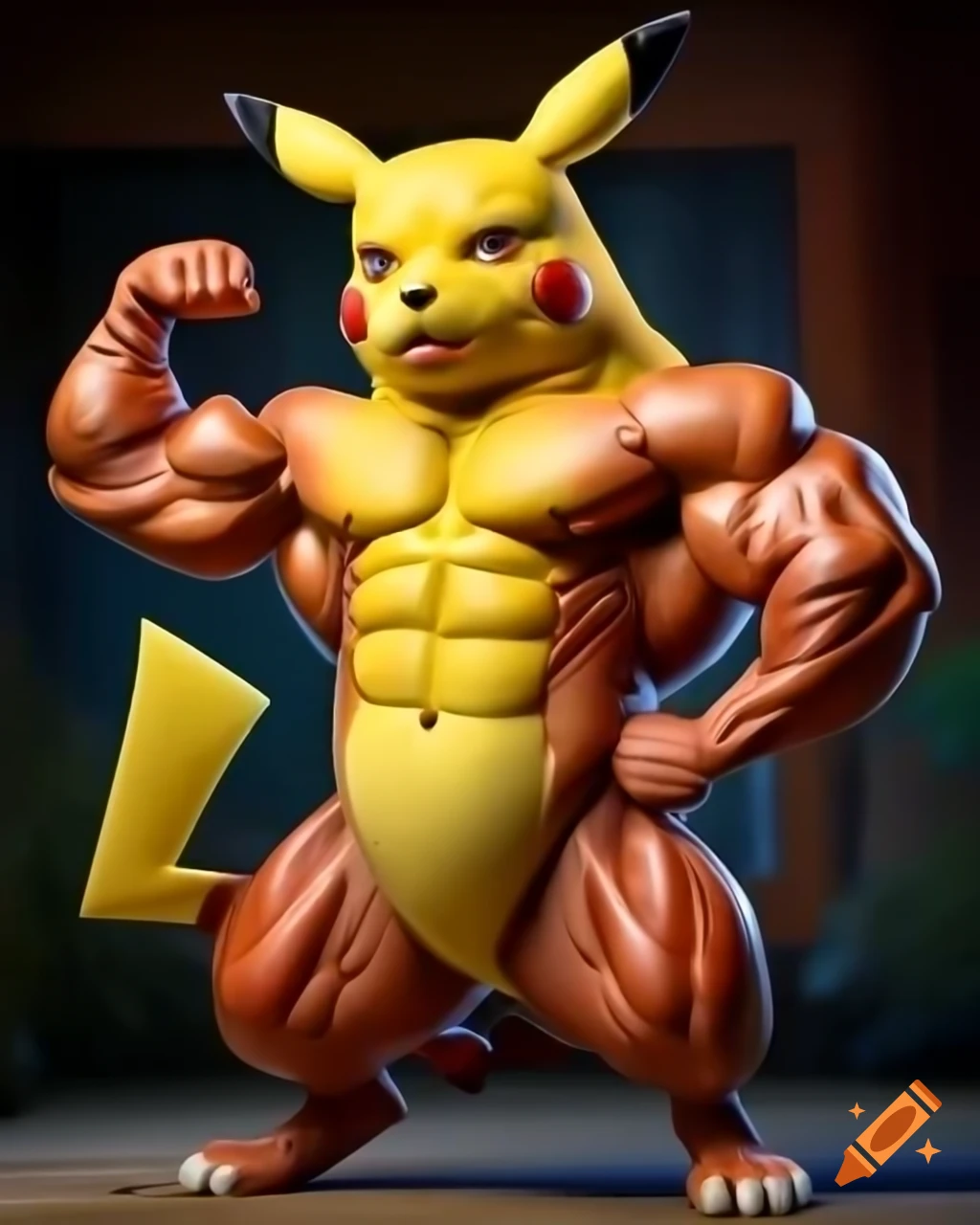 Bodybuilder Pikachu flexing muscles in full-length portrait