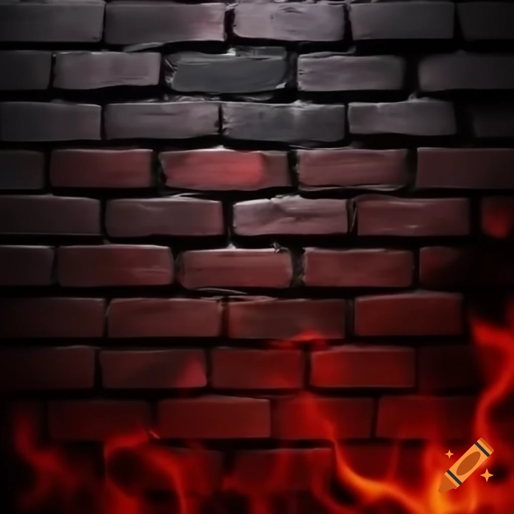 Dark brick wall illuminated with blood red flames
