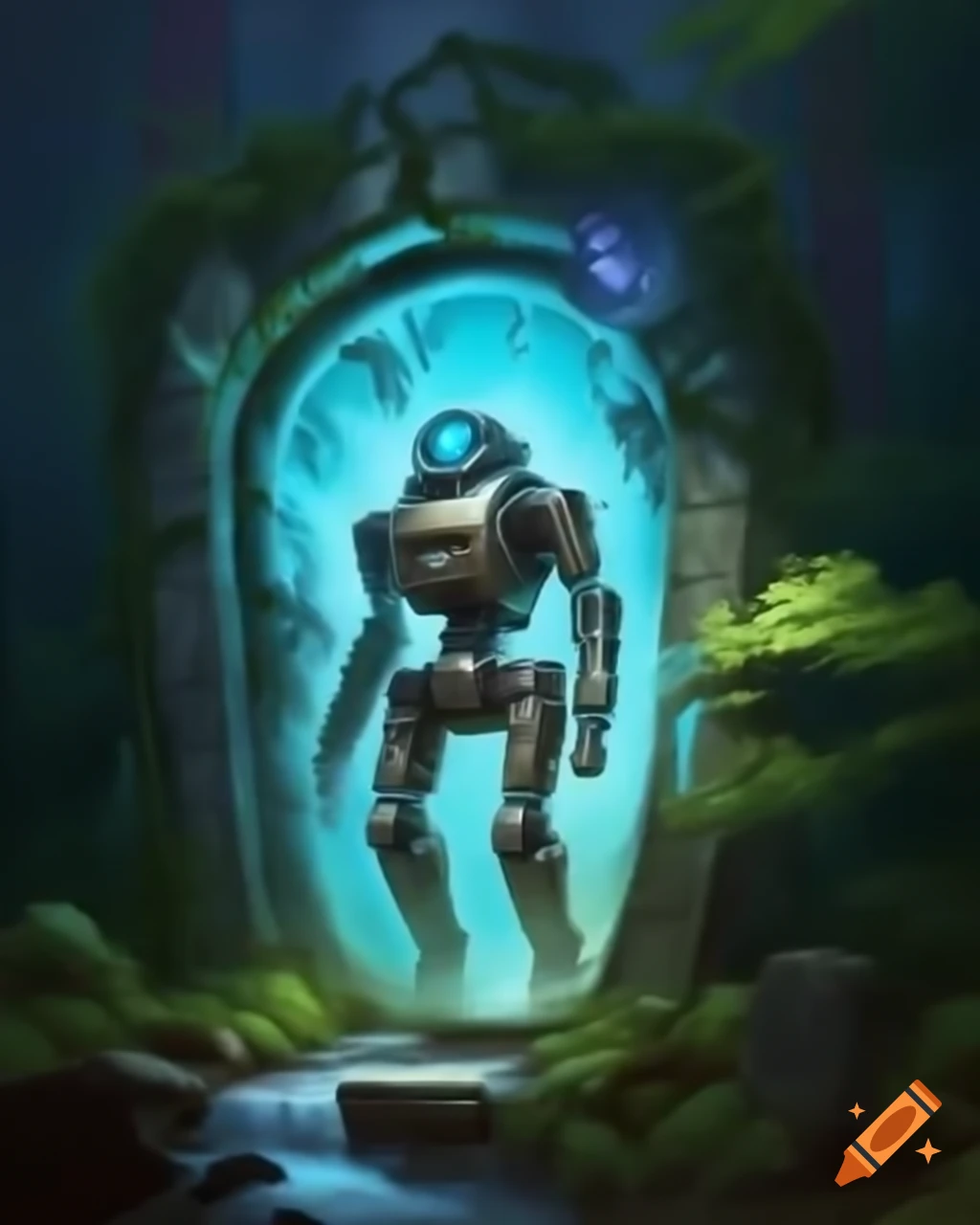 Robot entering magical fantasy portal in forest, epic and dramatic