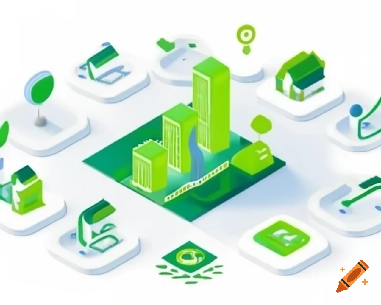 Stylized blueprint showing green economy and sustainable communities with isometric icons