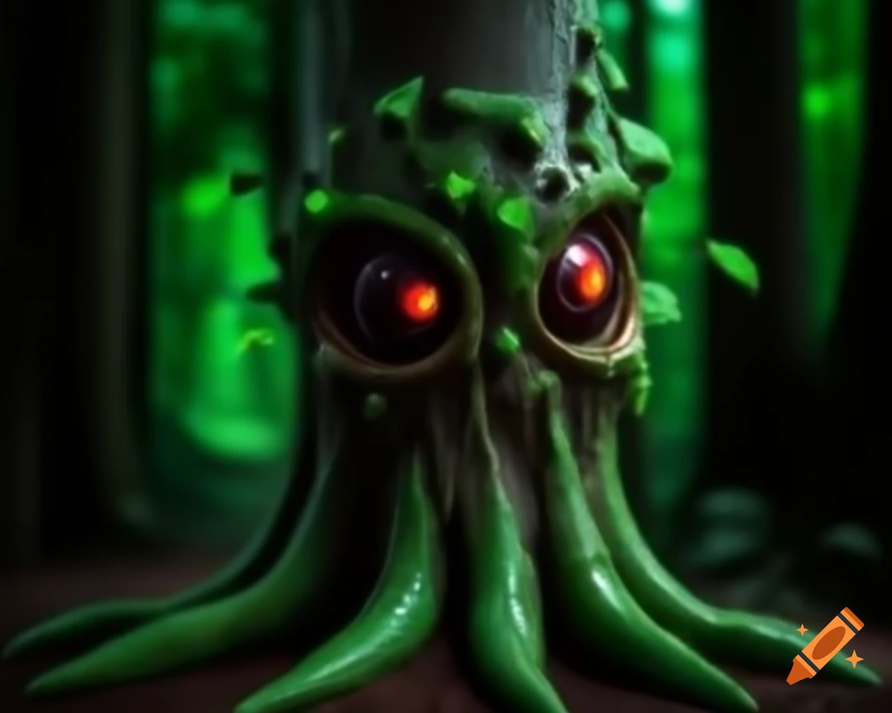 3D CGI anime tree monster with humanoid face and trees growing on its body