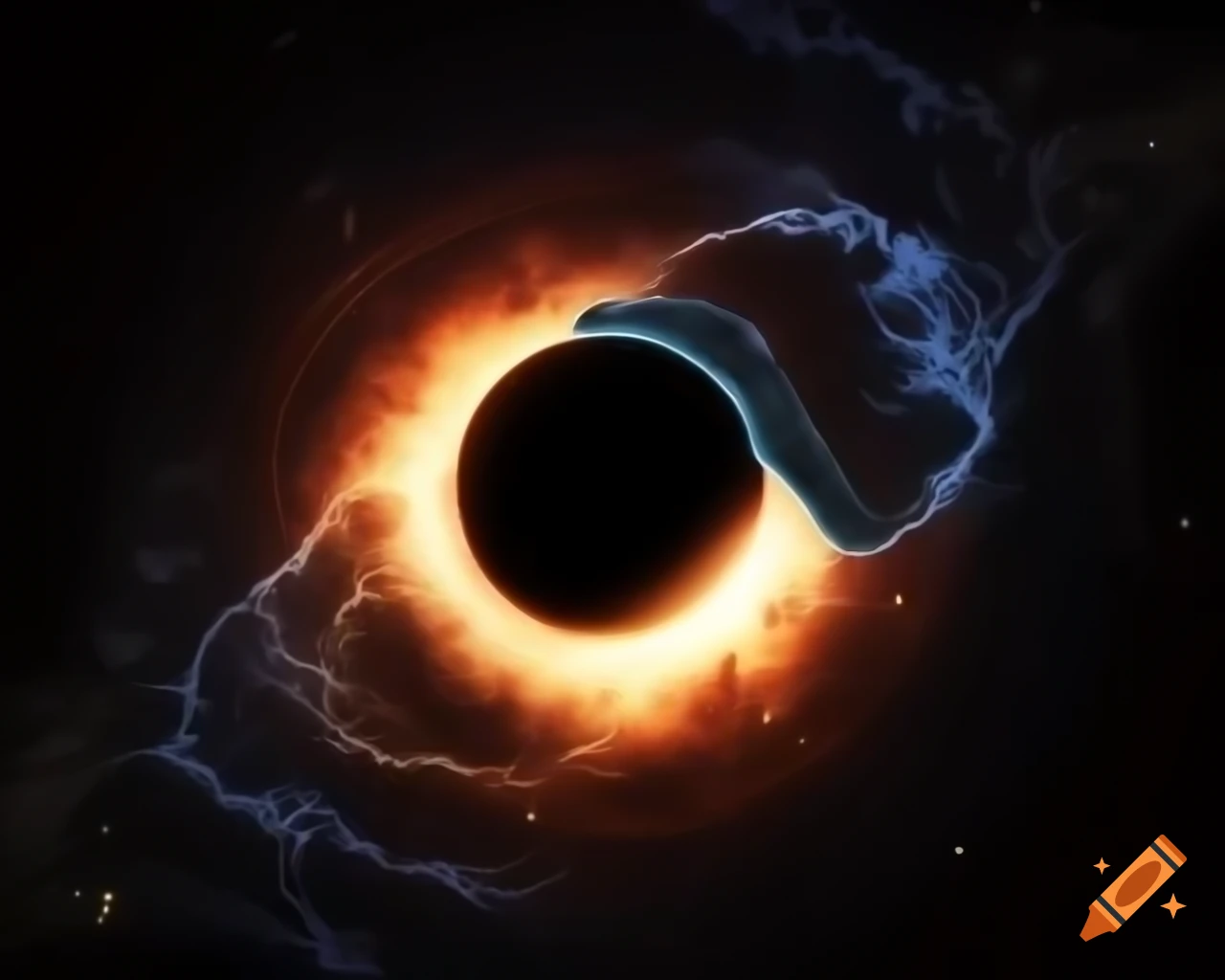 Realistic depiction of a black hole in star-filled space with artistic raytracing and lens flare