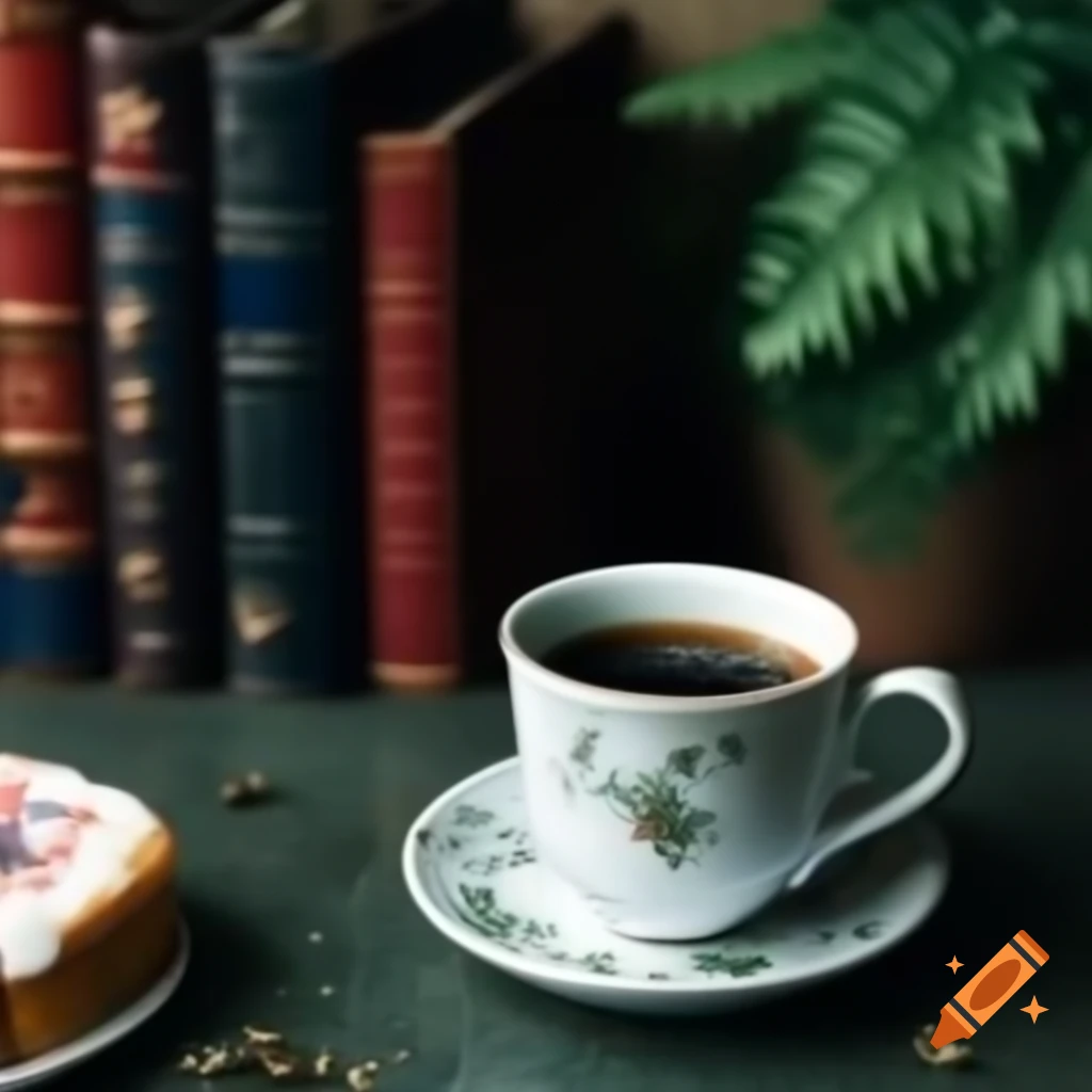 Vintage coffee cup and cake on table with bookshelves in antique interior