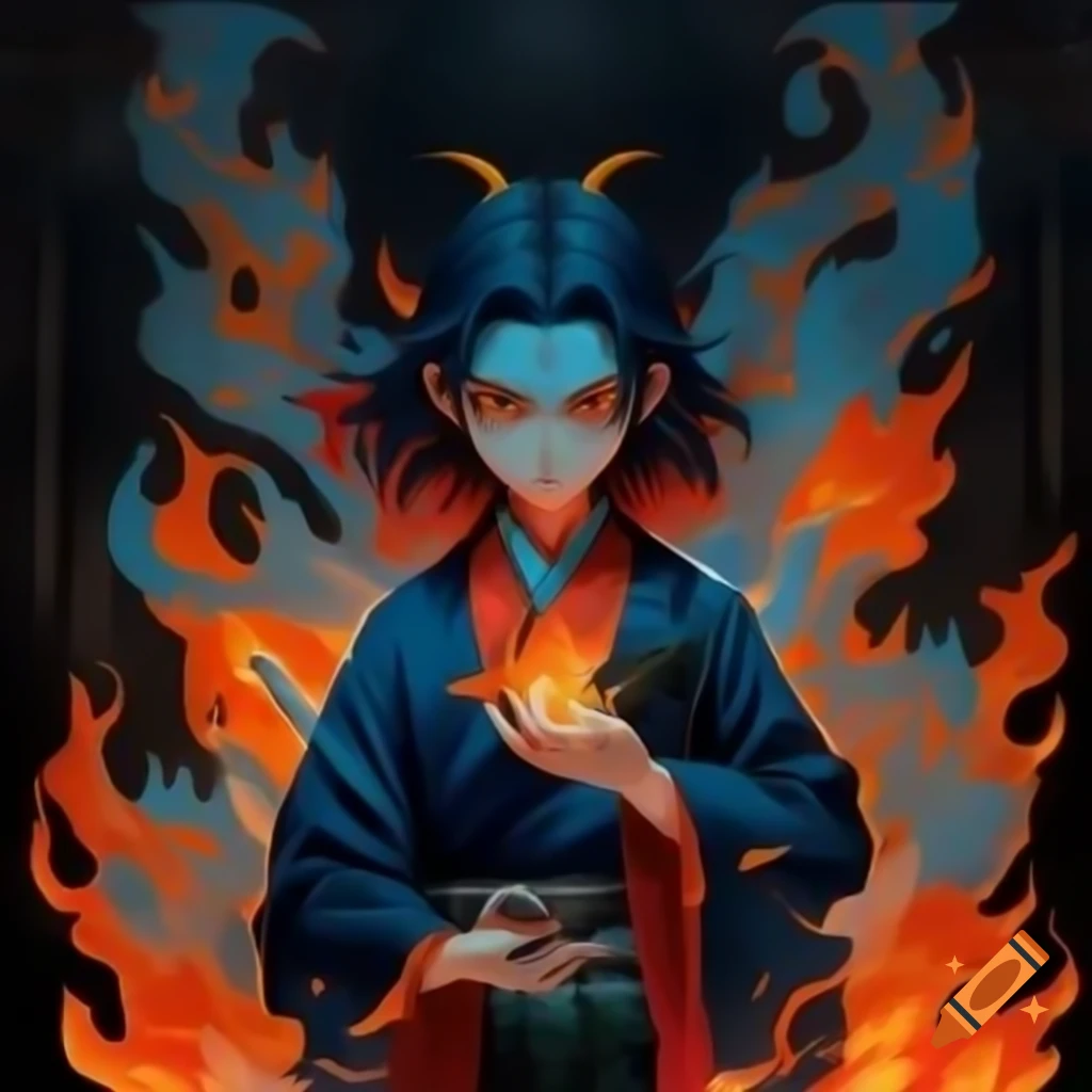Anime human demon hybrid with flames in historical style, vibrant colors