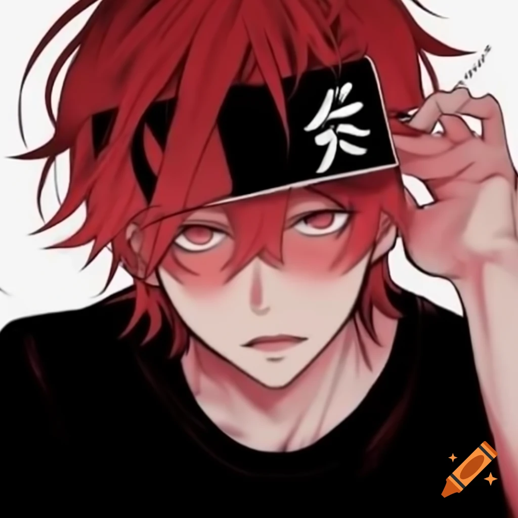 Anime character with crimson hair and bandana wearing a black shirt