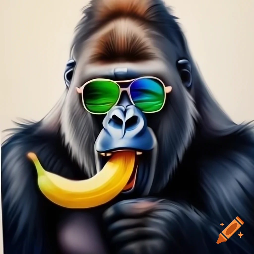Realistic drawing of gorilla with sunglasses holding banana