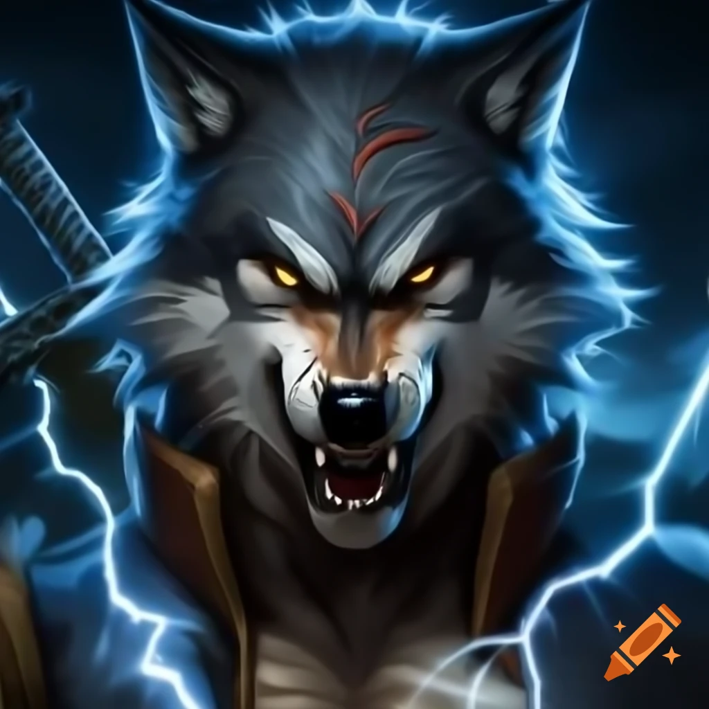 Angry wolf wielding lightning sword with stormy background