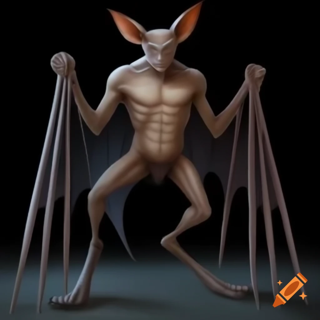 Muscular half-human half-bat creature with digitigrade legs and tail