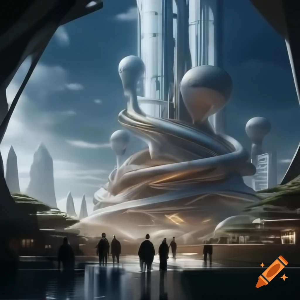 Futuristic city with organic architecture and shimmering steel and glass buildings