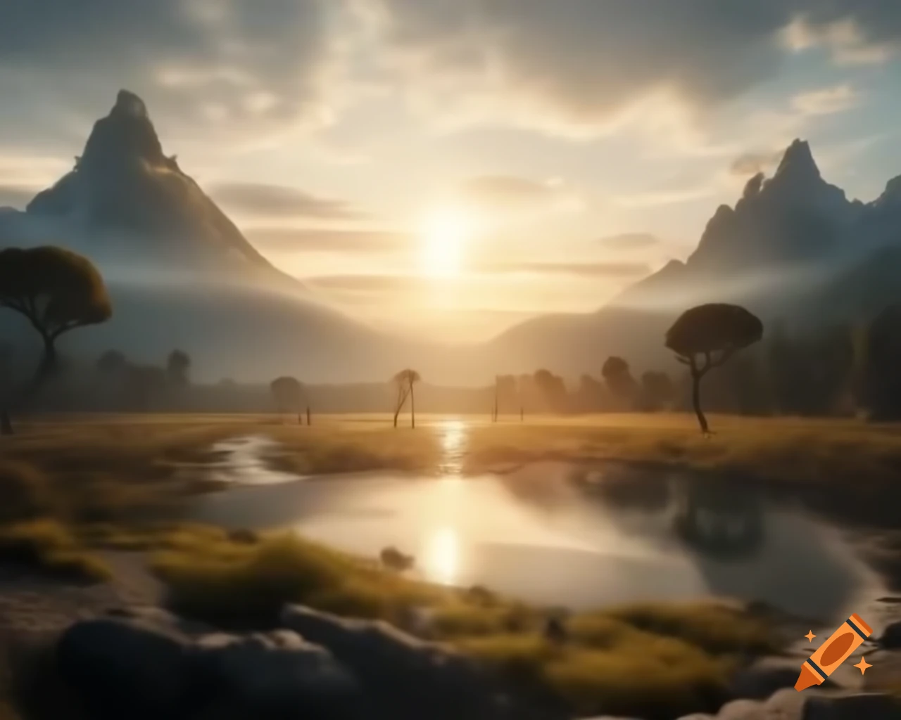 Breathtaking mountain range with rivers flowing down, ancient landscape