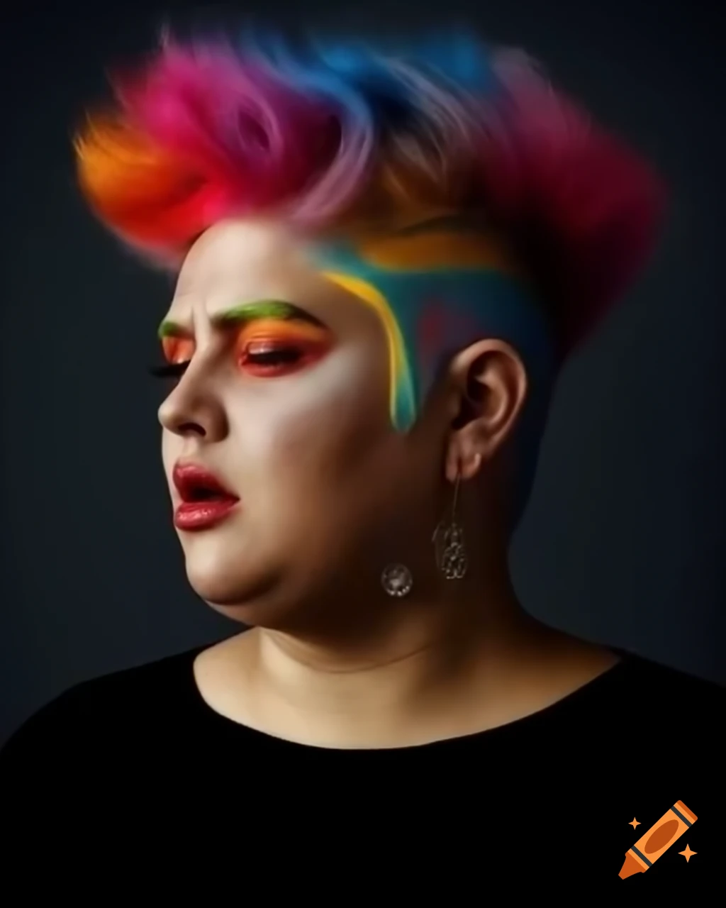 Passport-style portrait of a young woman with colorful hair and a disgruntled expression