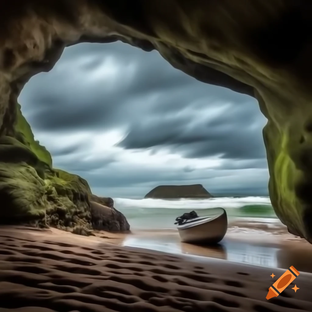 Stormy beach with waves and swaying boat framed by caverns