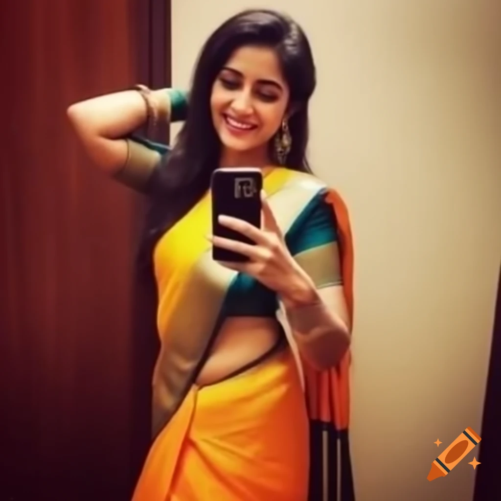Woman in traditional Indian attire capturing a cheerful selfie