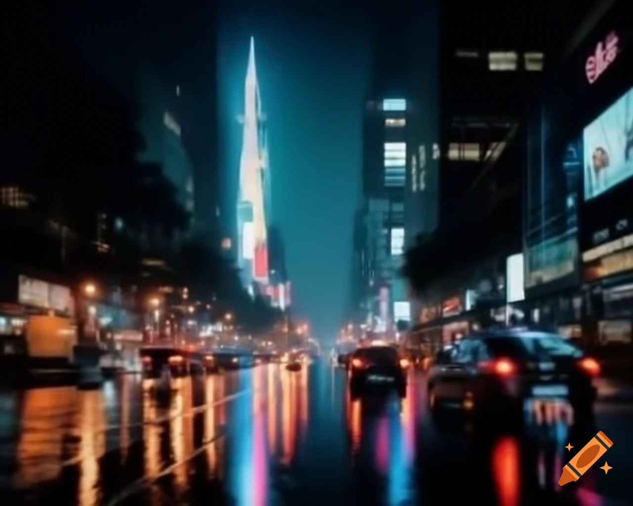 Cinematic night cityscape with neon lights and towering skyscrapers