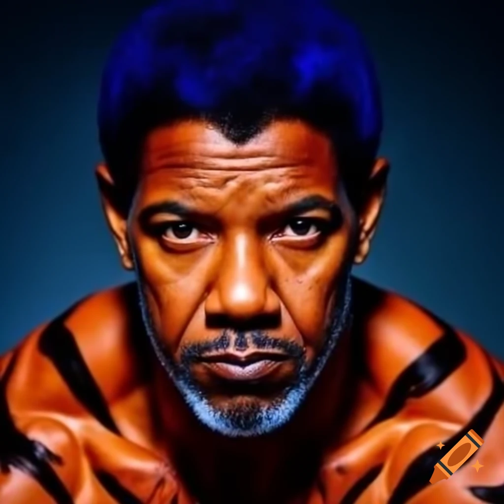 Muscular character with tiger-style makeup featuring blue hair and orange skin