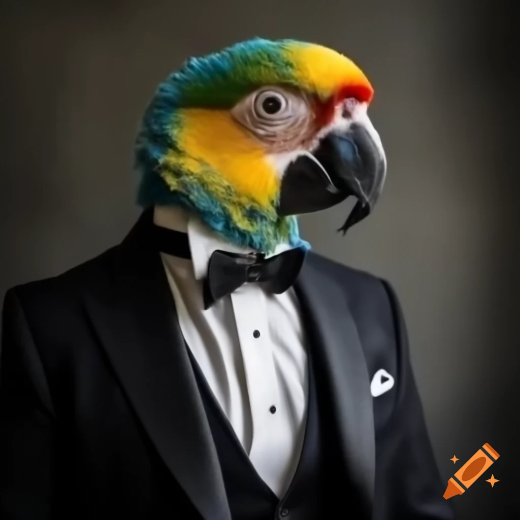 Dapper parrot in tuxedo against London backdrop in color
