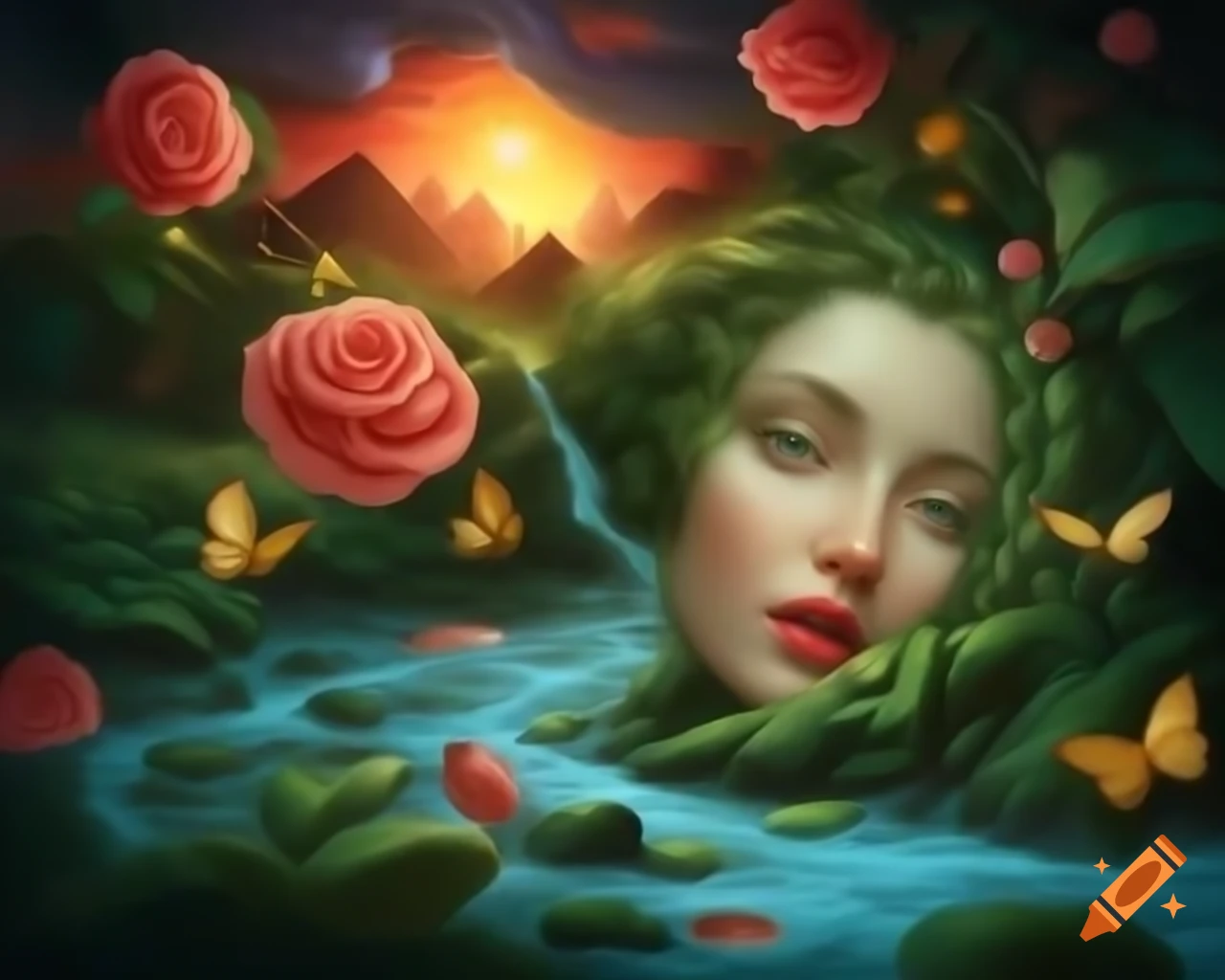 Hyper realistic portrayal of a beautiful woman with flowing golden hair in a dreamlike setting