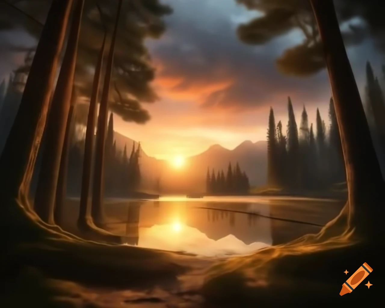 Surreal fantasy scene with orange monster in forest at sunset by lake