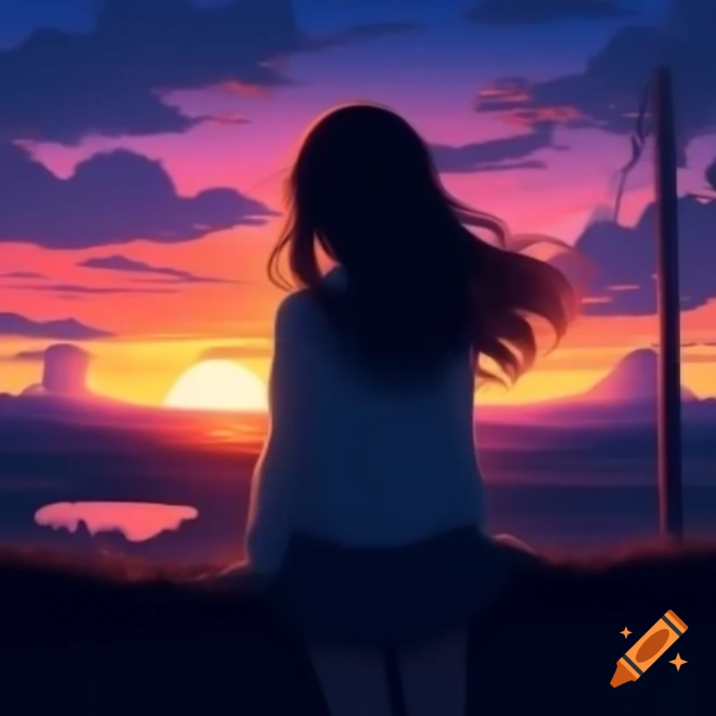 Silhouette of girl overlooking sunset in evening drawing