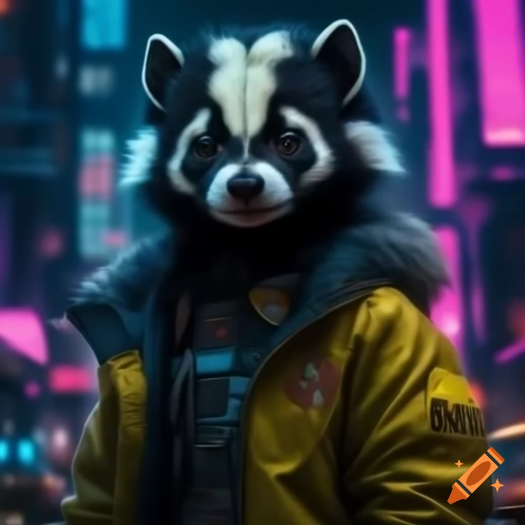 Close-up of skunk in futuristic jacket with LED lights in neon city