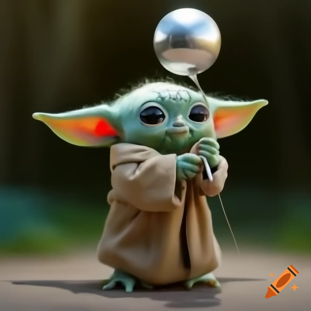 Grogu holding a silver balloon in a playful pose