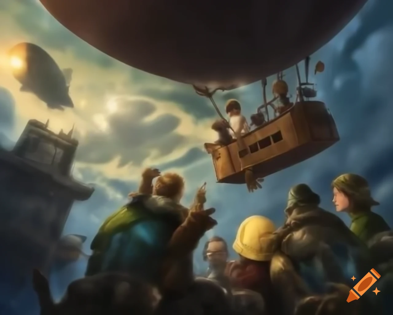 Steampunk airship soaring through clouds with clockwork details