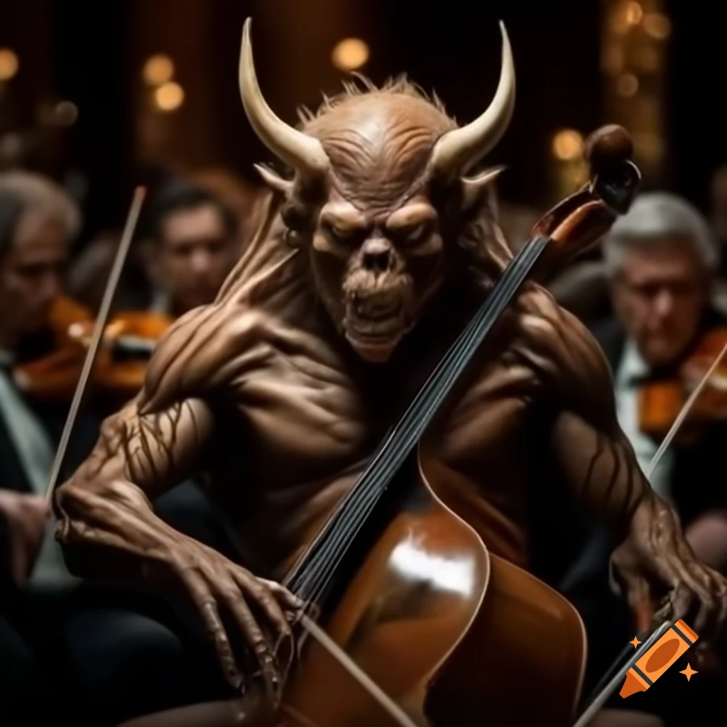 Giant brown demon constructed from orchestral instruments